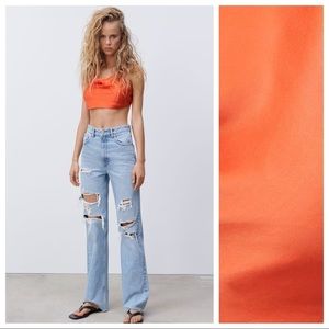 NWT. Zara Orange Satin Effect Halter Crop Top. Size XL.